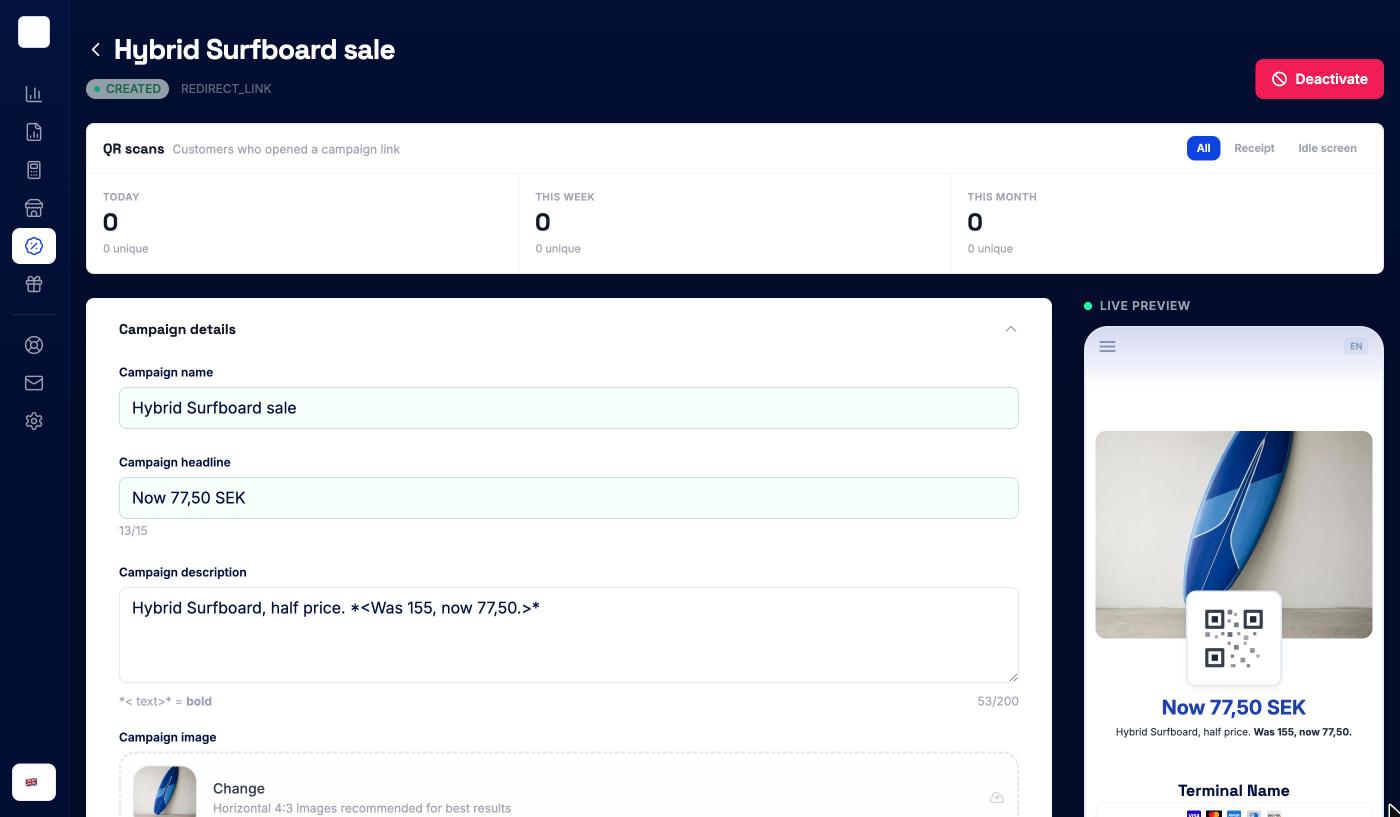 Campaign page with status, QR scans and the campaign details form