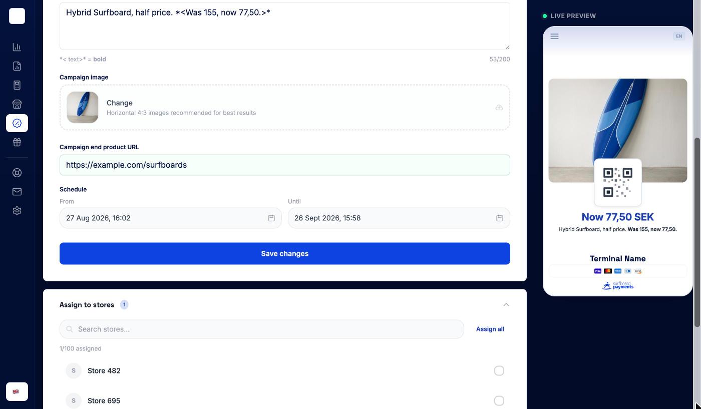 Campaign end product URL, schedule and the Assign to stores list
