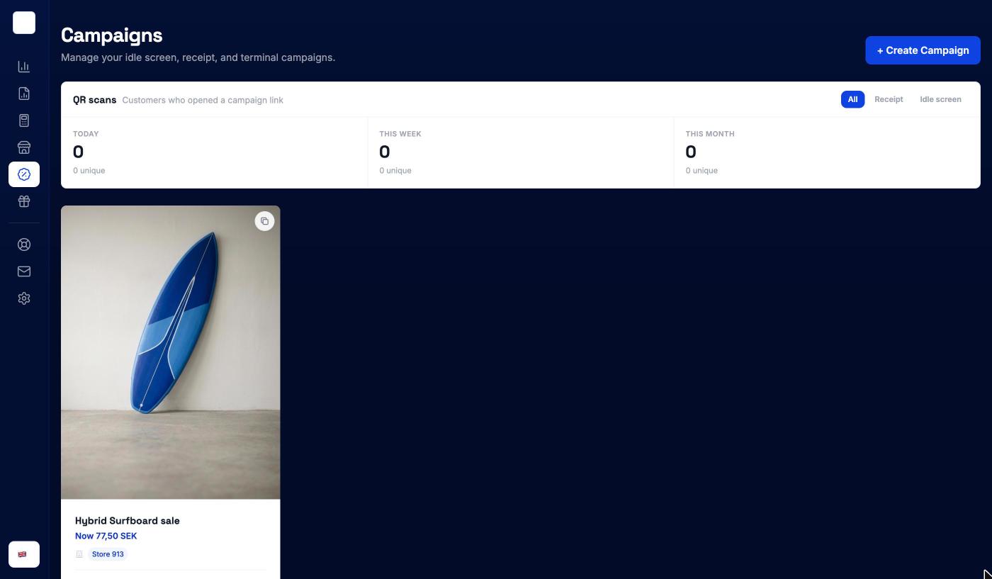 Campaigns page with QR scan statistics and a campaign card
