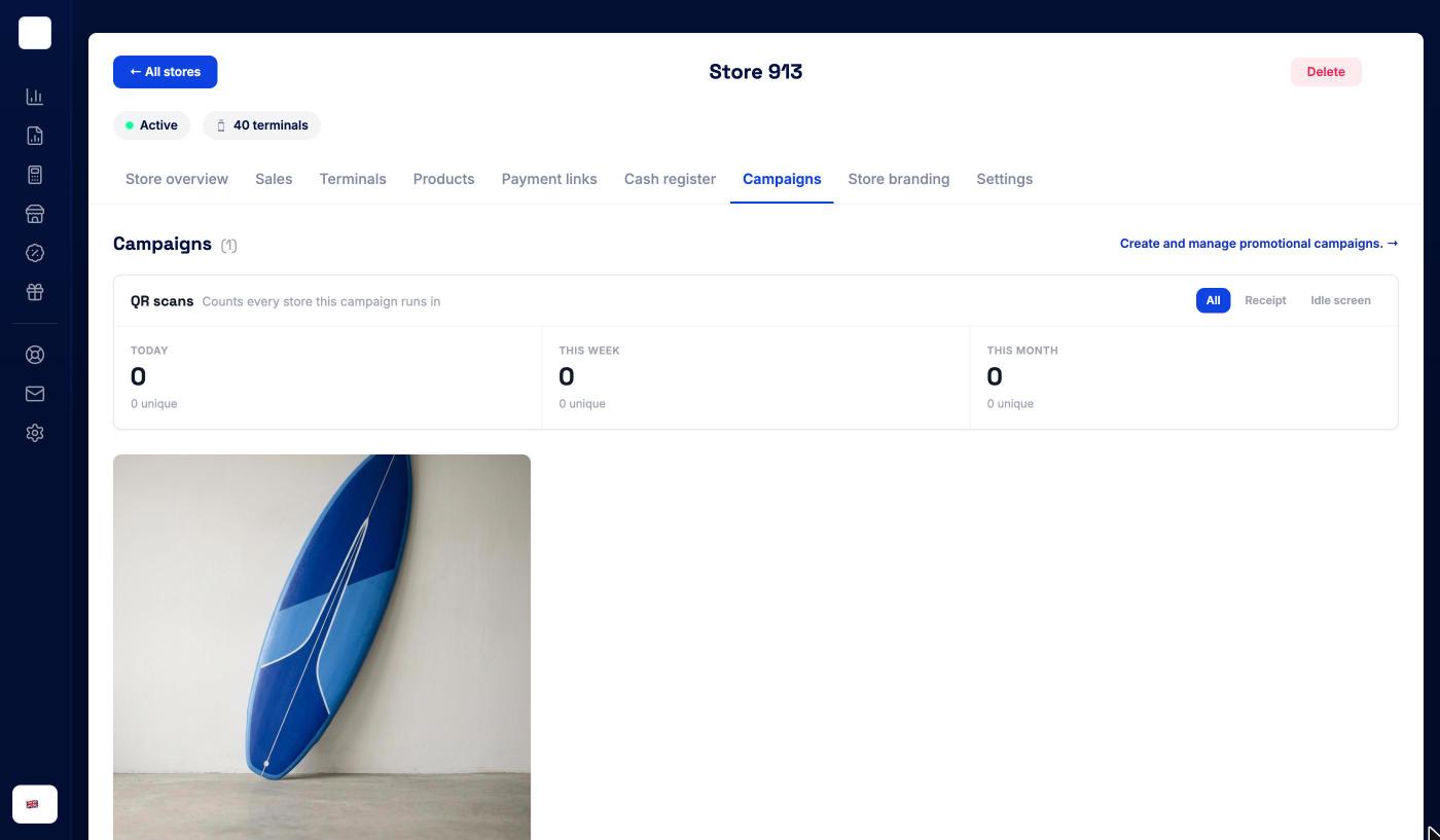 Store Campaigns tab with QR scan statistics and the store's campaign