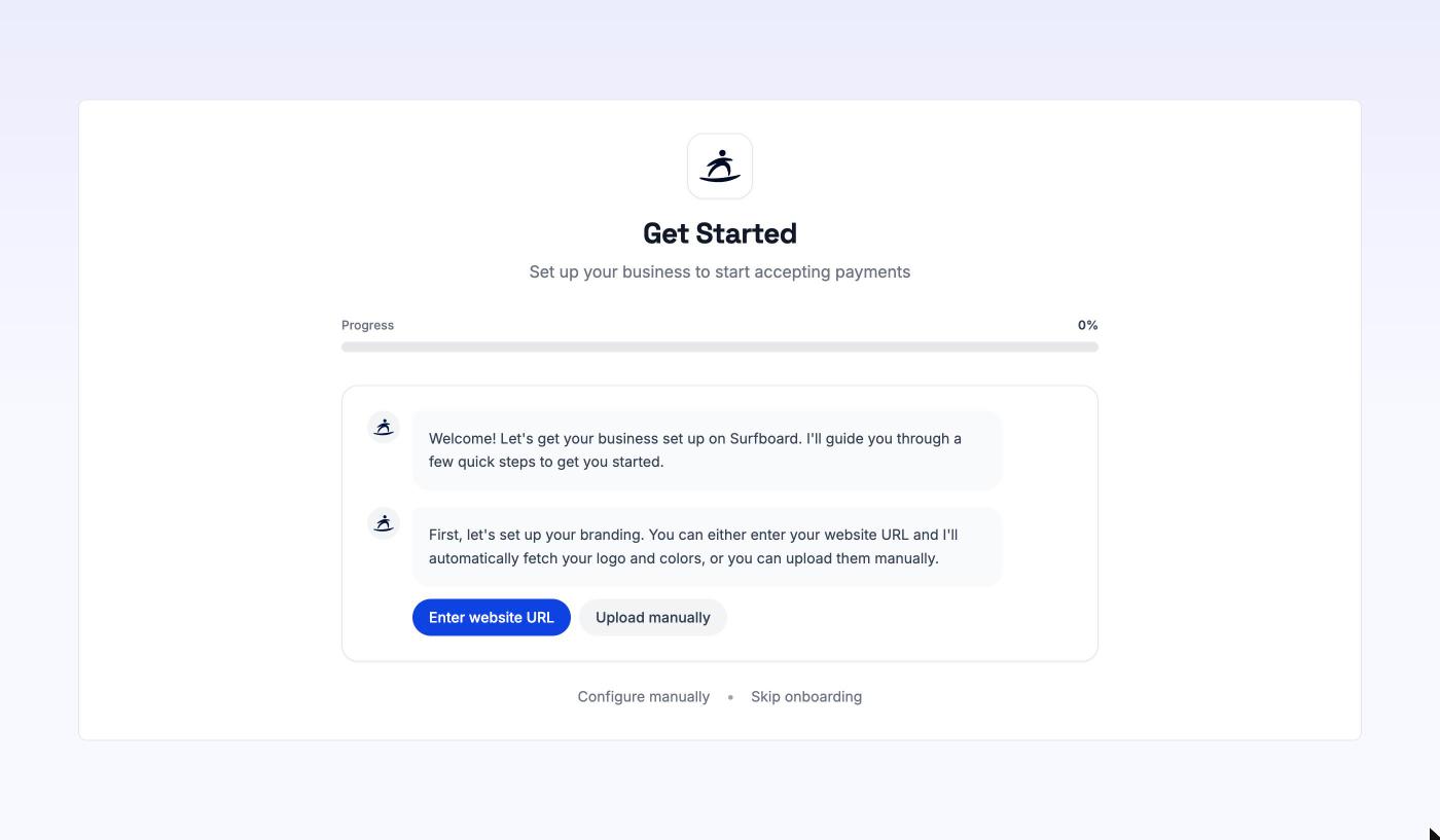 Get Started page with the progress bar and the first branding question