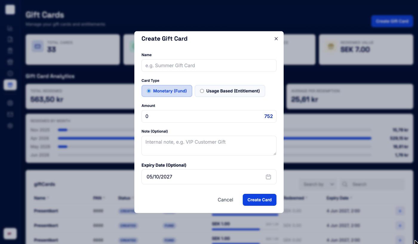 Create Gift Card dialog with name, card type, amount, note and expiry date