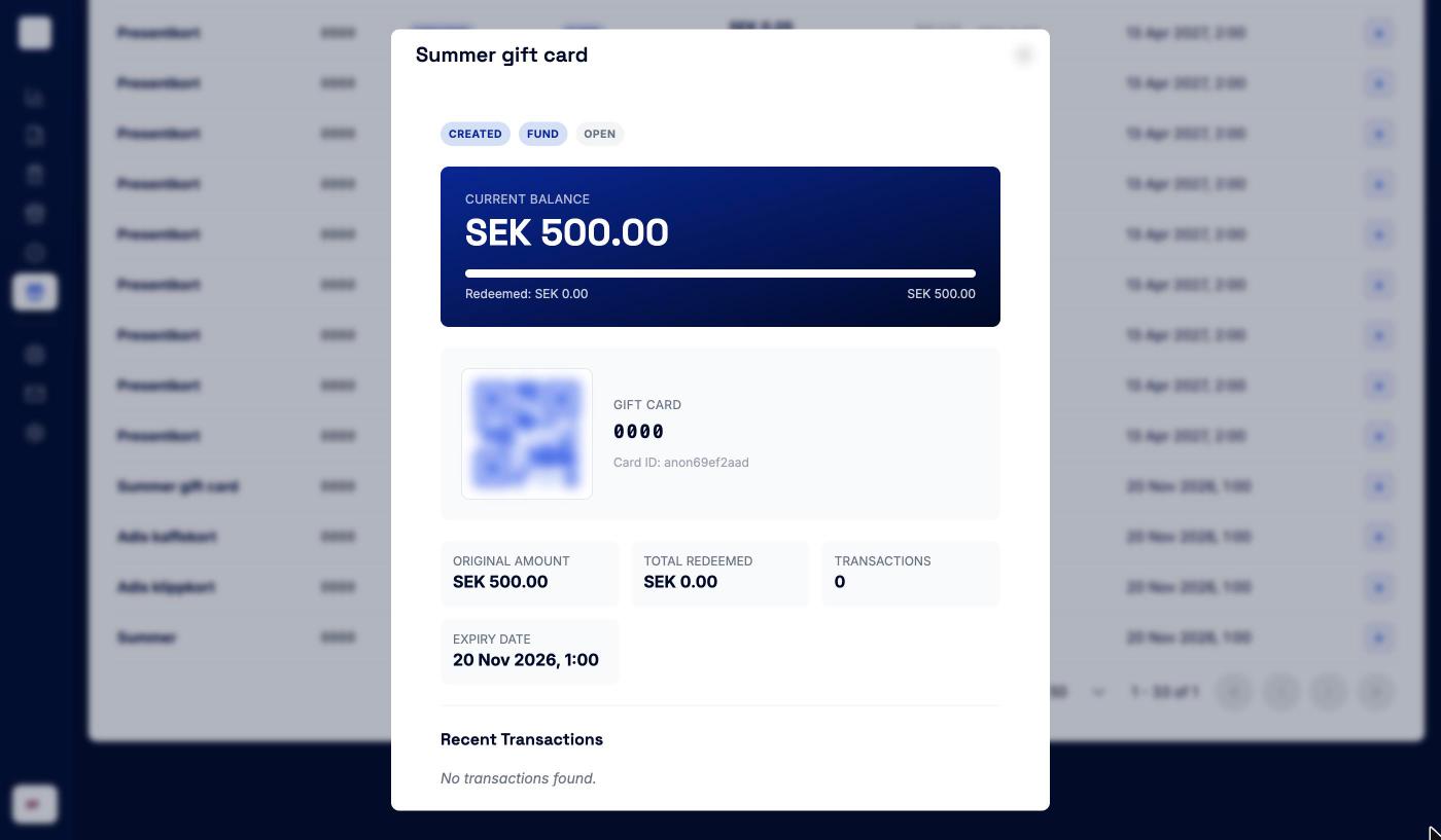 Gift card details with current balance, card number, card ID and recent transactions