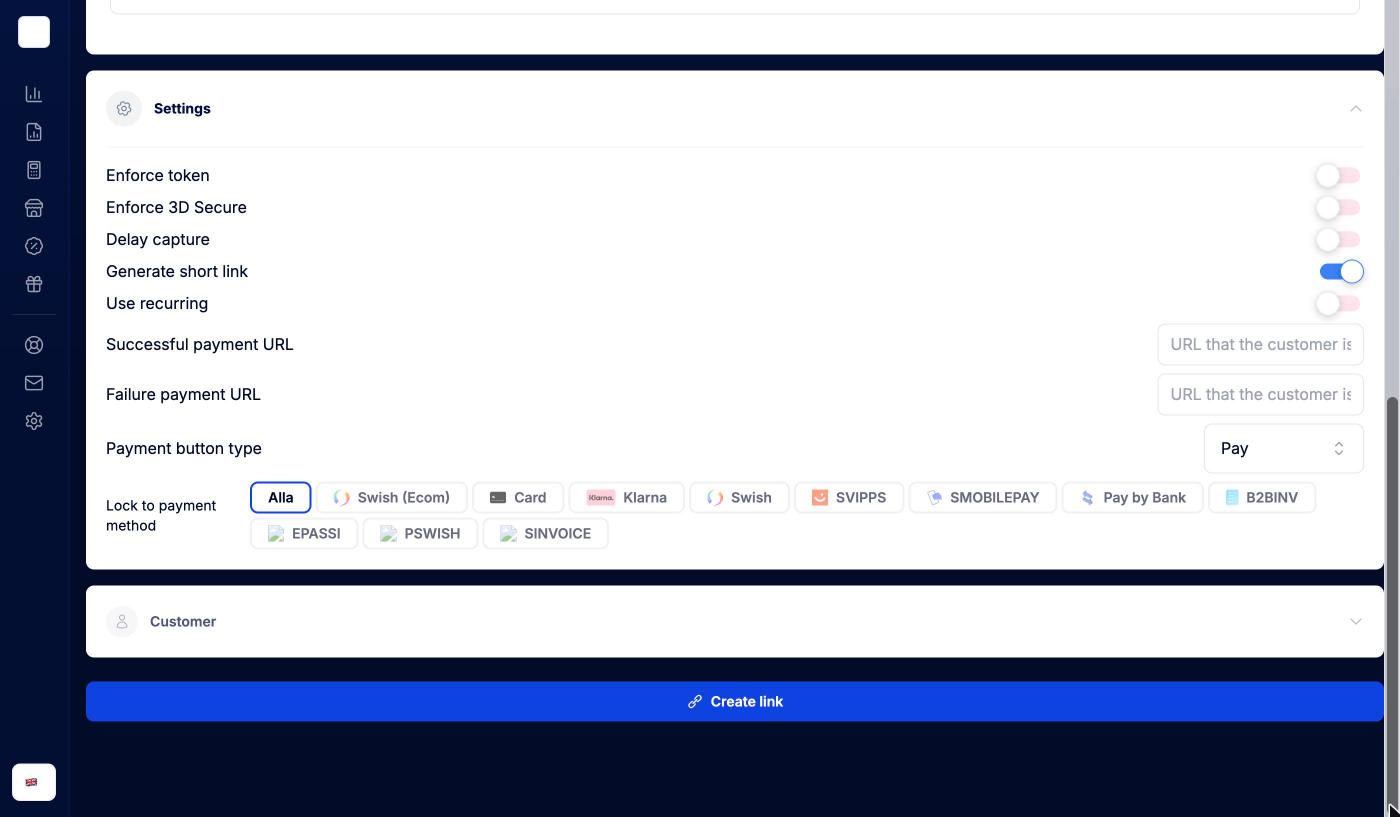 Settings section with enforce token, 3D Secure, delay capture, short link, redirect URLs, button type and payment method lock