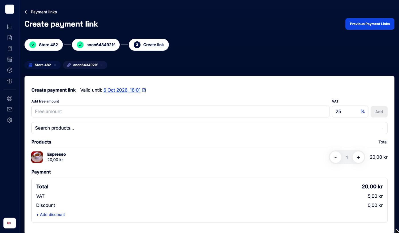 Create payment link page with the store and terminal steps done, an Espresso in the cart and the payment total