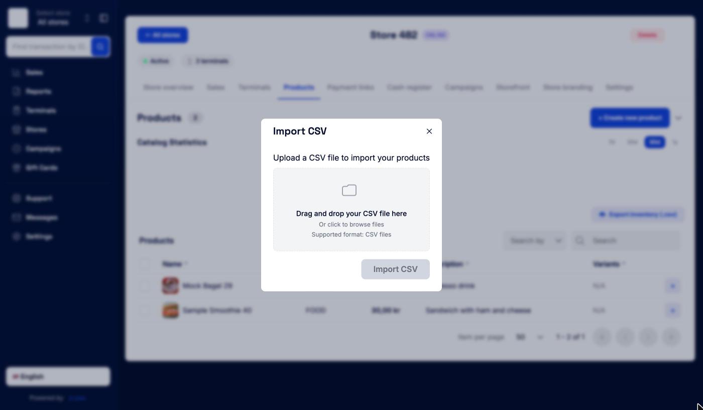 Import CSV dialog with a drag-and-drop area