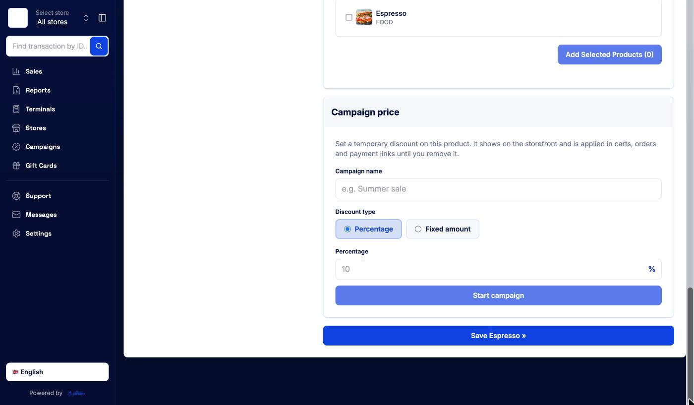Campaign price section with campaign name, discount type and Start campaign