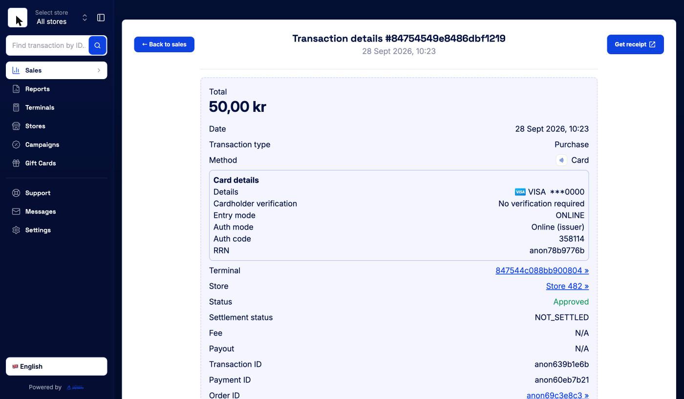 Transaction details page with the total, card details, terminal, store and IDs