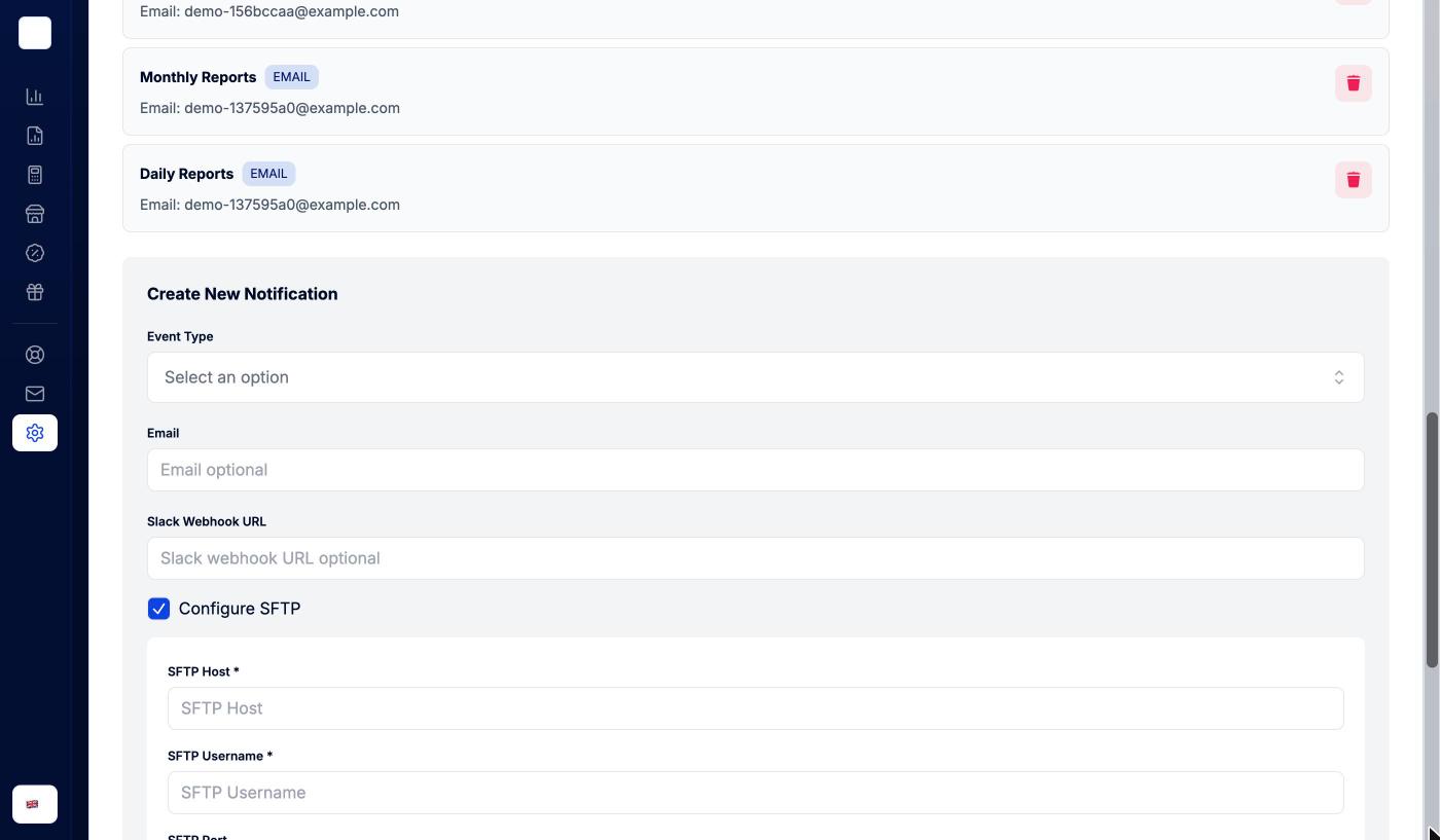 Create New Notification form with SFTP settings open