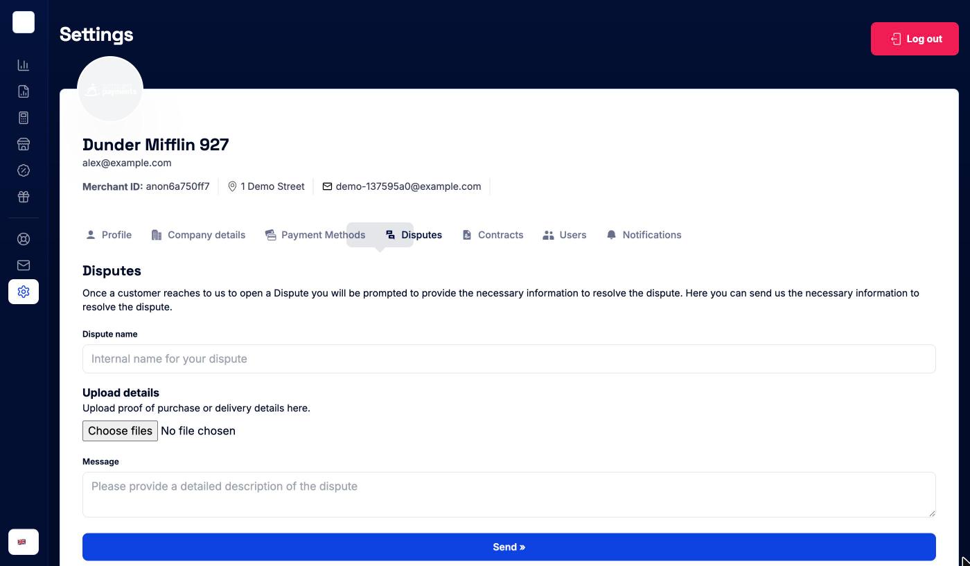 Disputes tab with dispute name, file upload and message