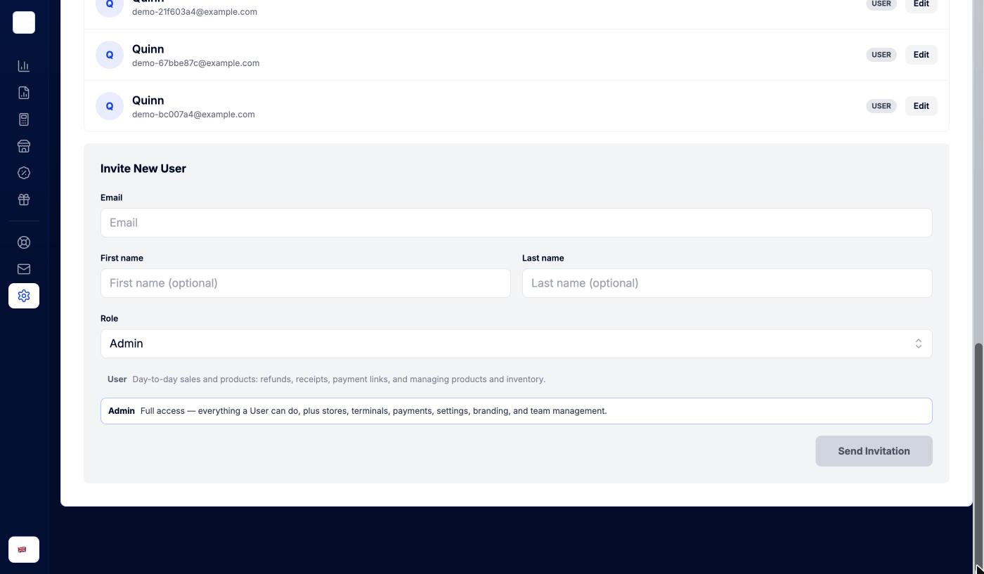 Invite New User form with email, name and role