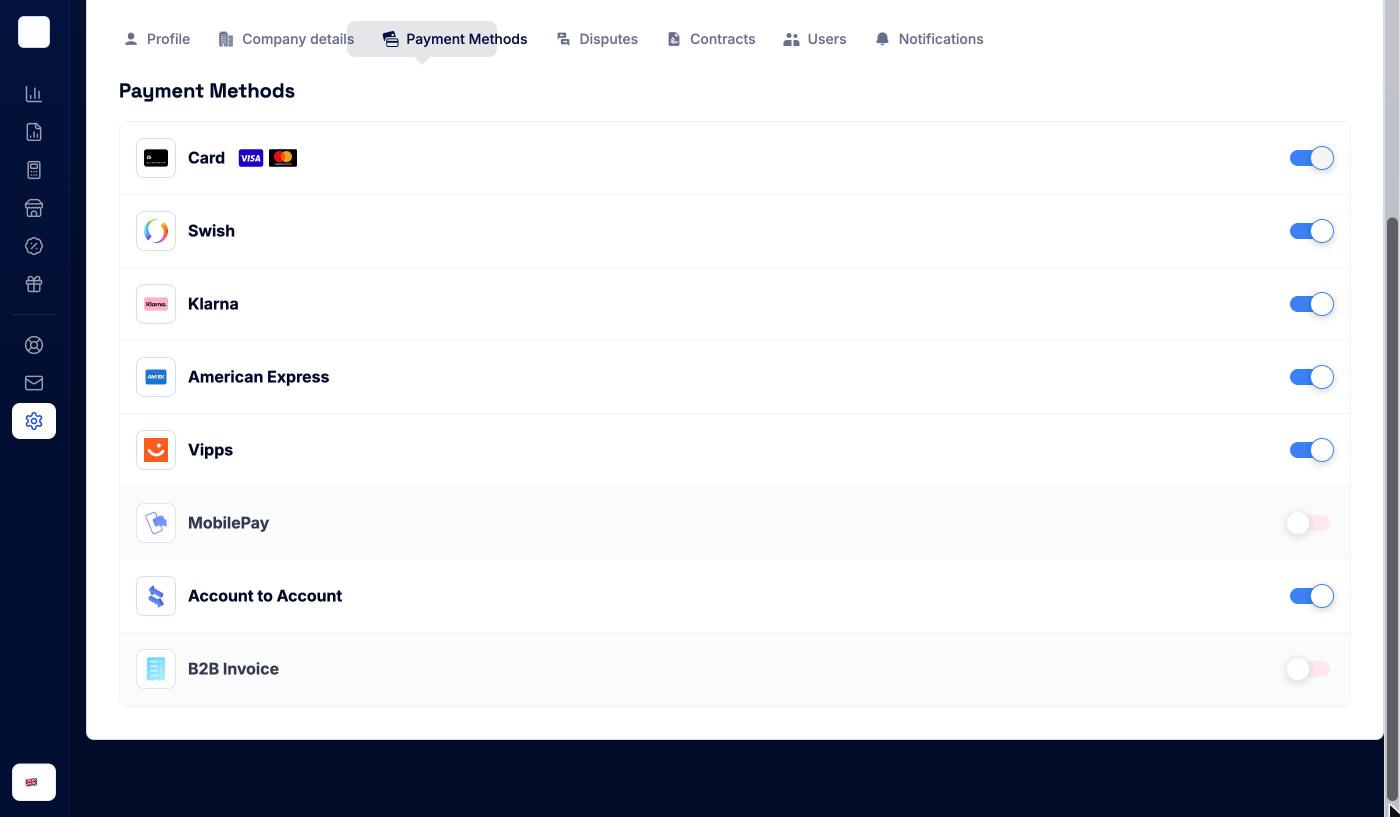 Payment Methods tab with a switch for each method