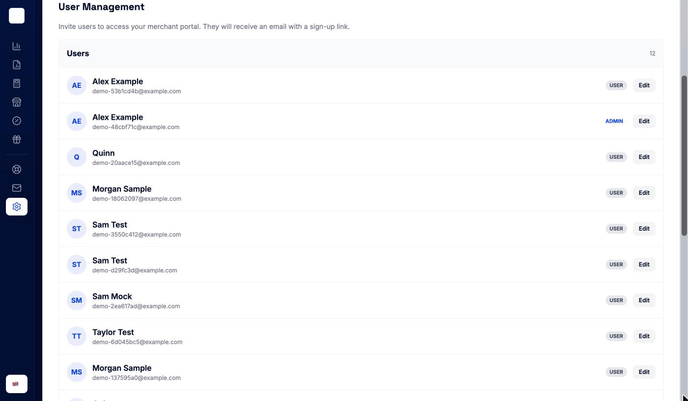 Users tab listing everyone on the account with their role