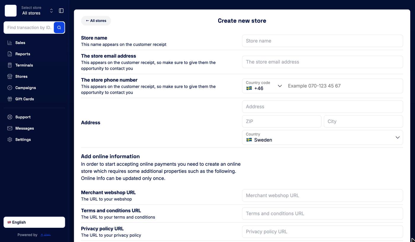 Create new store form with store details, address and online information