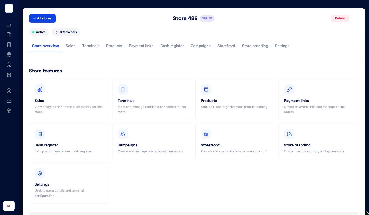 Store overview with the store features cards
