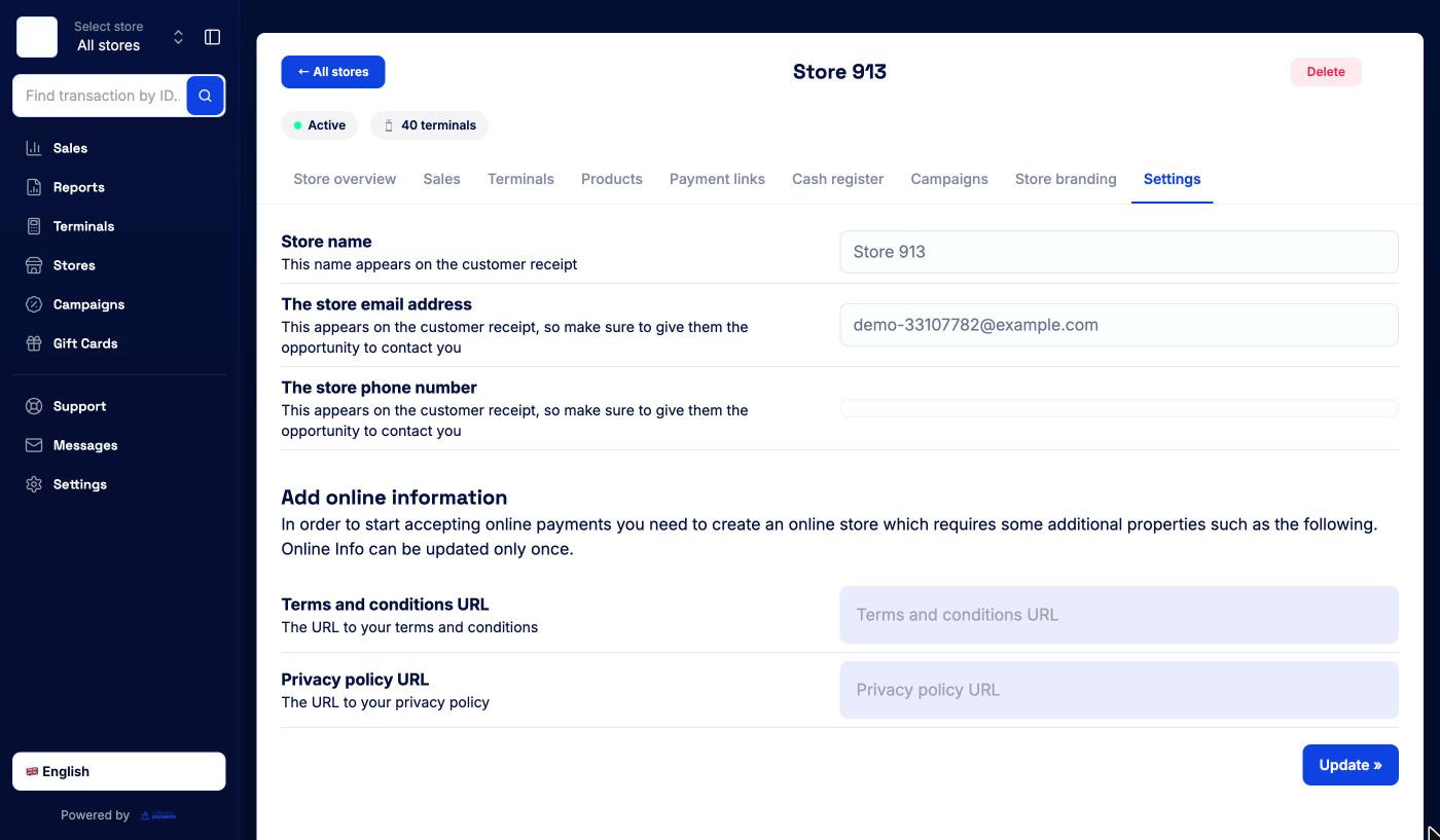 Store Settings tab with store details and Add online information