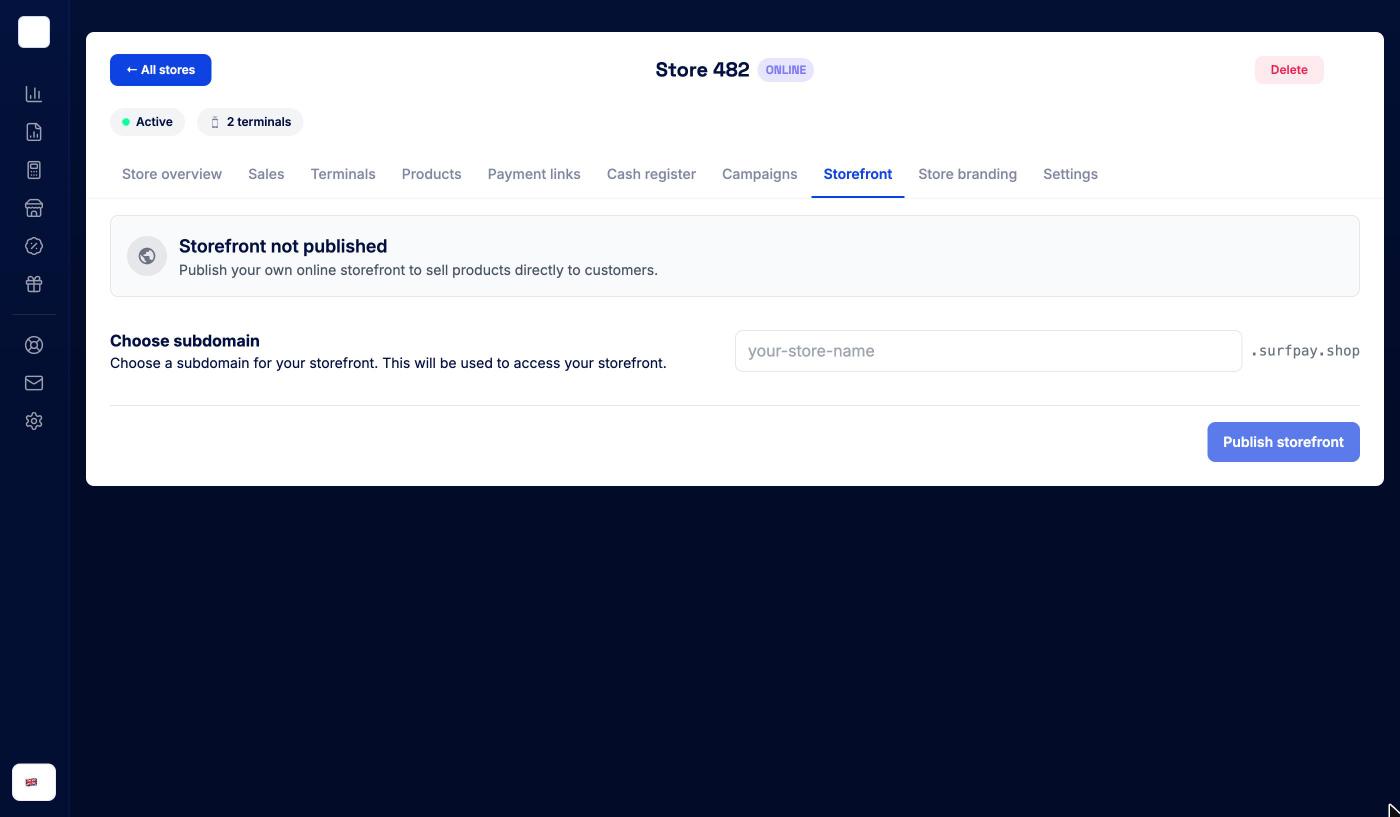 Storefront tab with Choose subdomain and Publish storefront