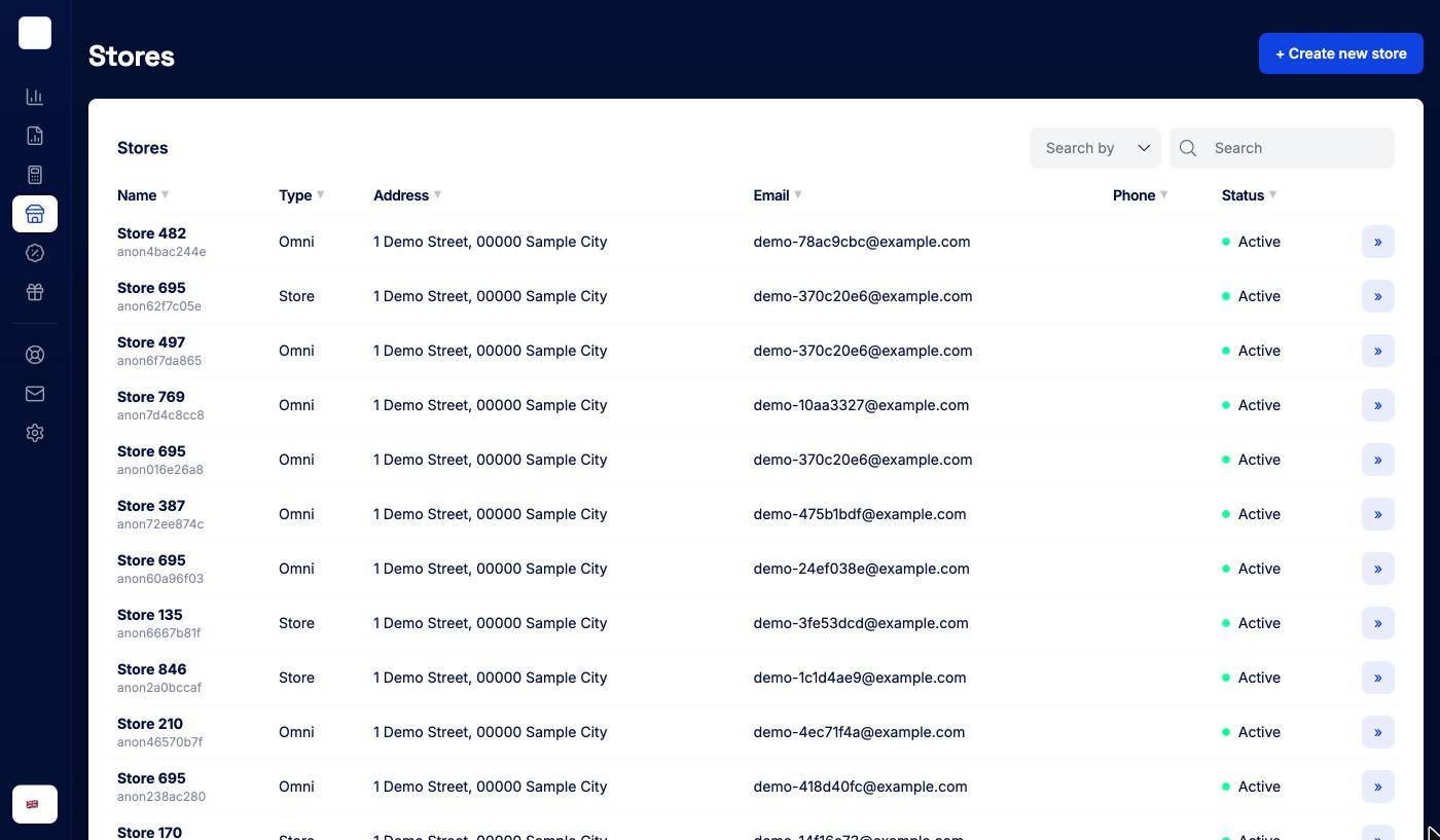 Stores page with the store list and the Create new store button