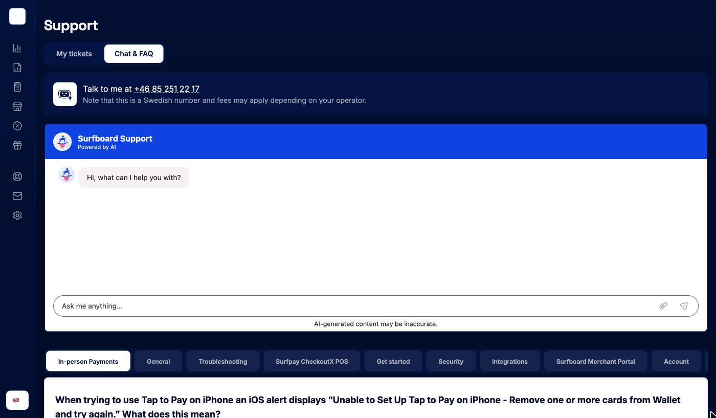 Chat & FAQ tab with the phone number, the support chat and FAQ categories