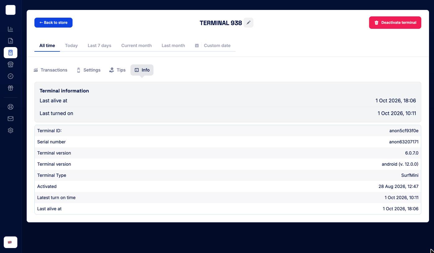 Terminal Info tab with terminal ID, serial number and version