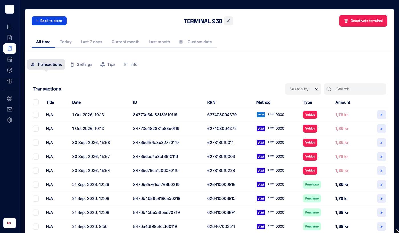 Terminal page with the Transactions tab