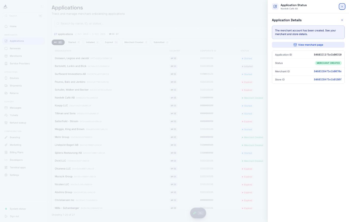 Application details for a merchant that has been created