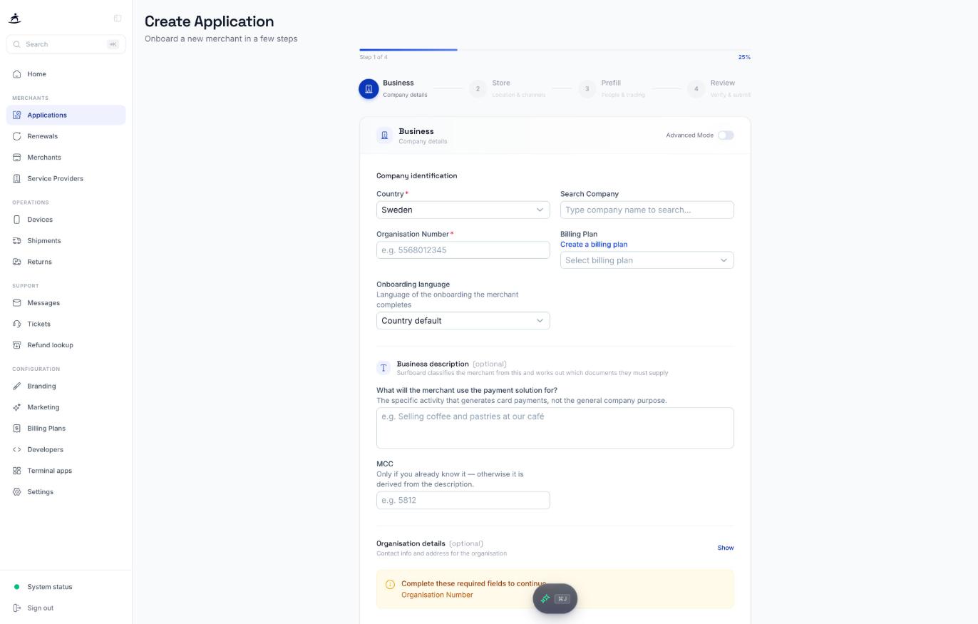Business step of the application form