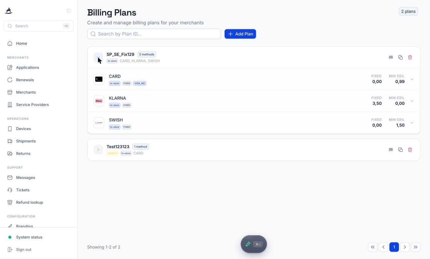 Billing Plans list with one plan expanded to show its fees per payment method