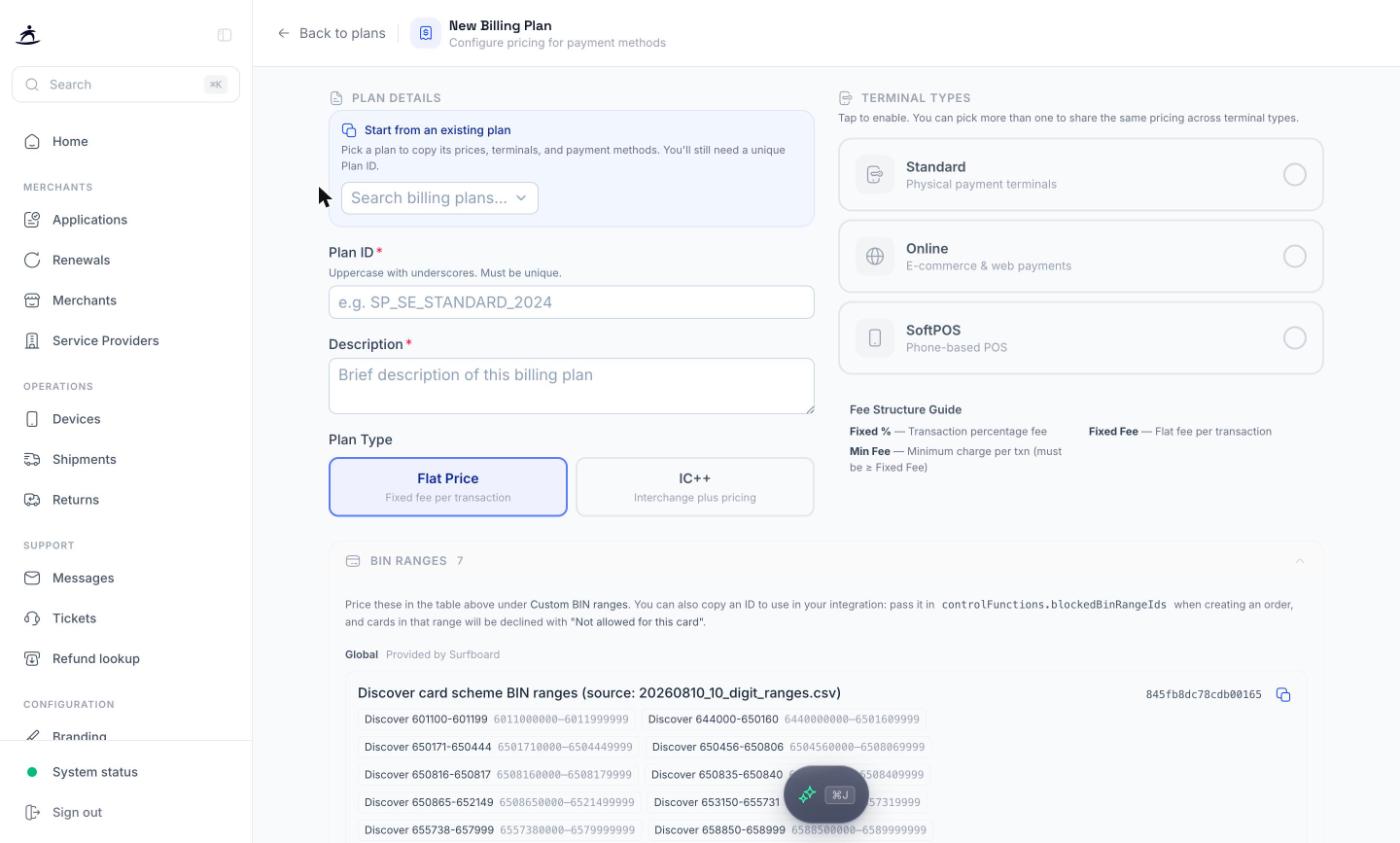 New Billing Plan form with plan details, plan type and terminal types