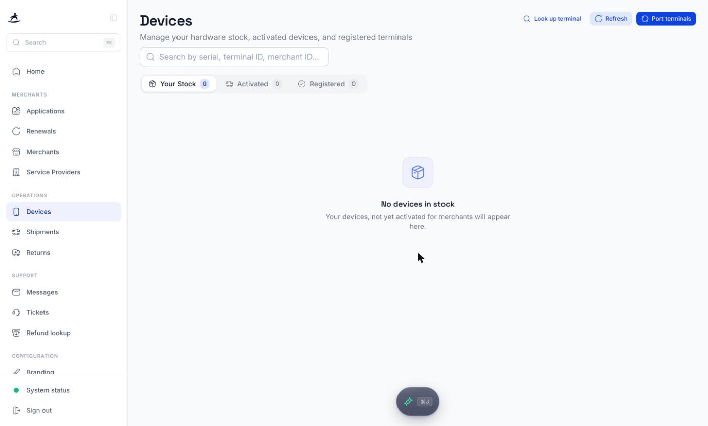 Devices page with the Your Stock, Activated and Registered tabs