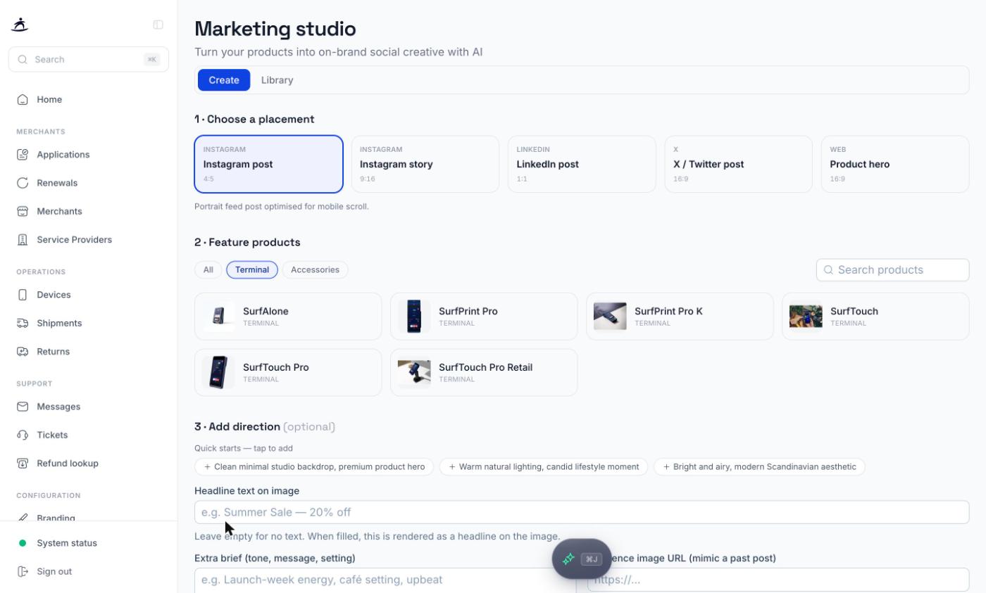 Marketing studio Create tab with placements and products