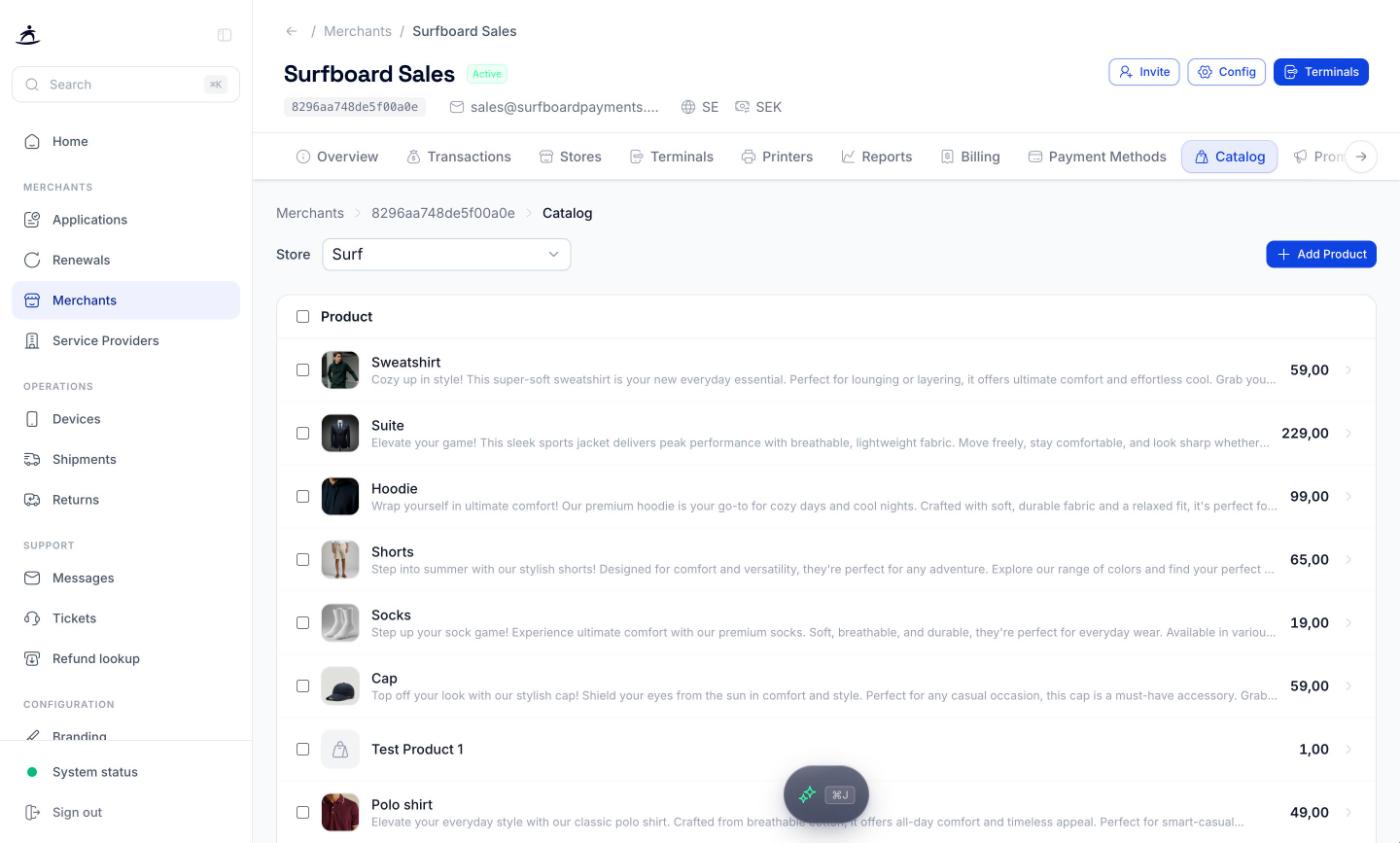 Catalog tab with the store selector and a product list