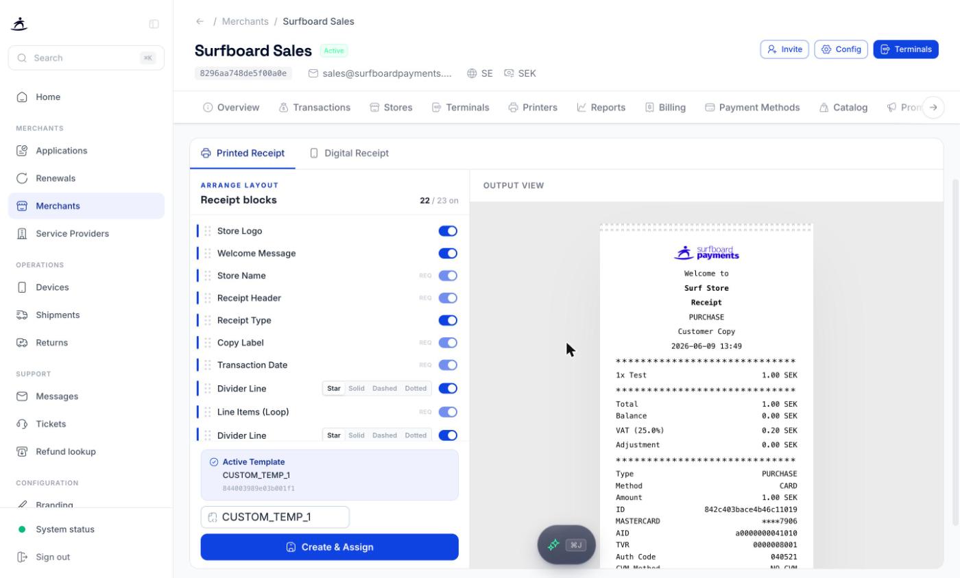 Merchant receipt configuration with the printed receipt editor