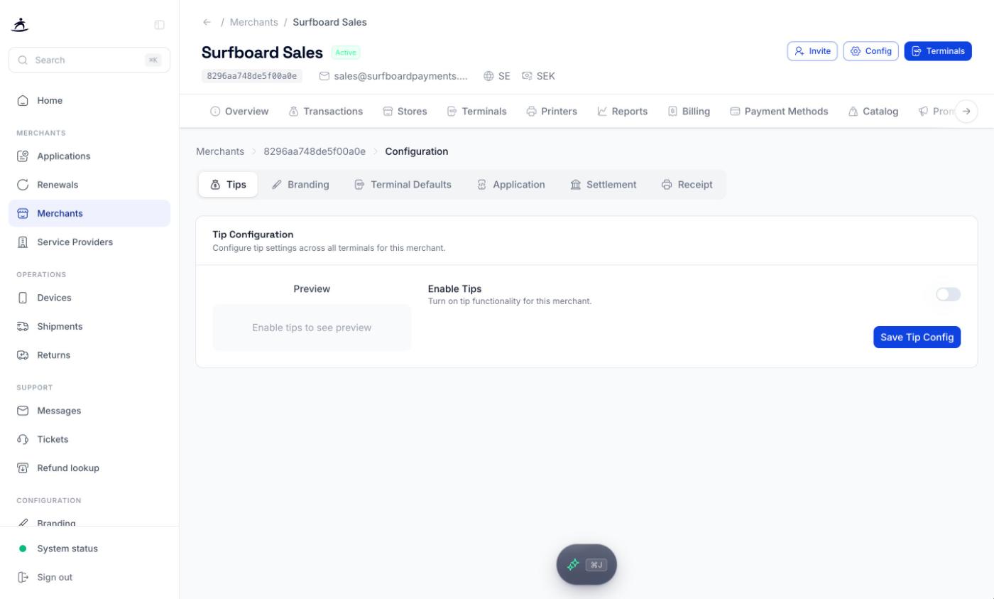 Tips sub-tab in merchant Configuration