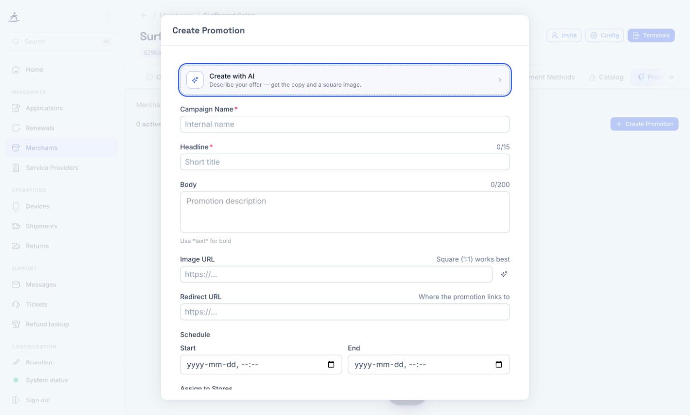 Create Promotion form with Create with AI and the campaign fields