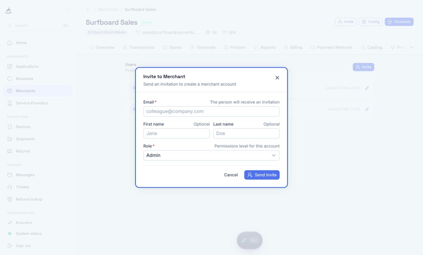 Invite to Merchant dialog with email, name, and role