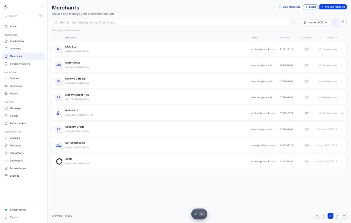 Merchants list with search, sort, and the Multi-Merchants, Export and Onboard Merchant buttons