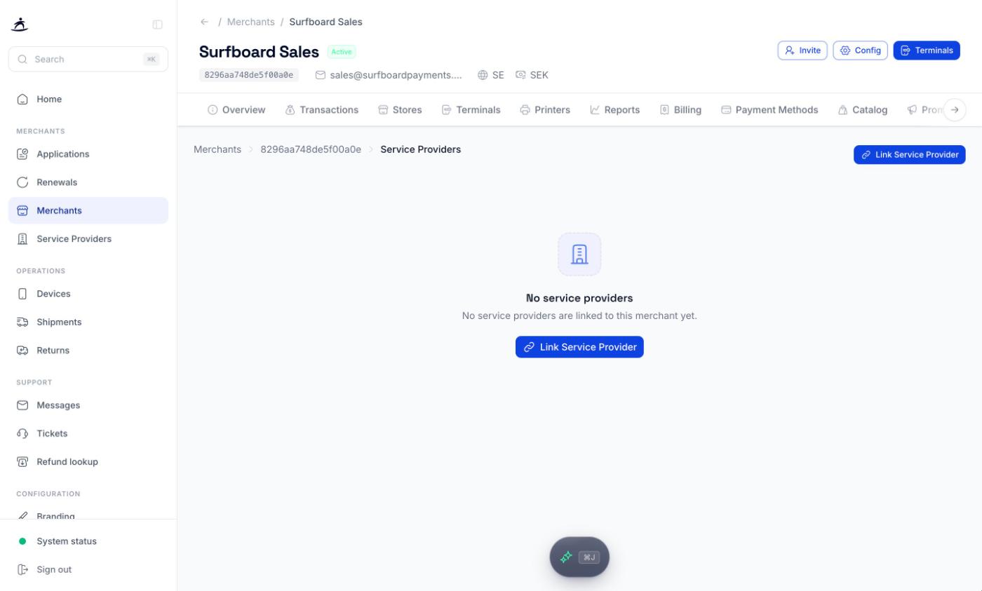 Service Providers tab on a merchant, with the Link Service Provider button
