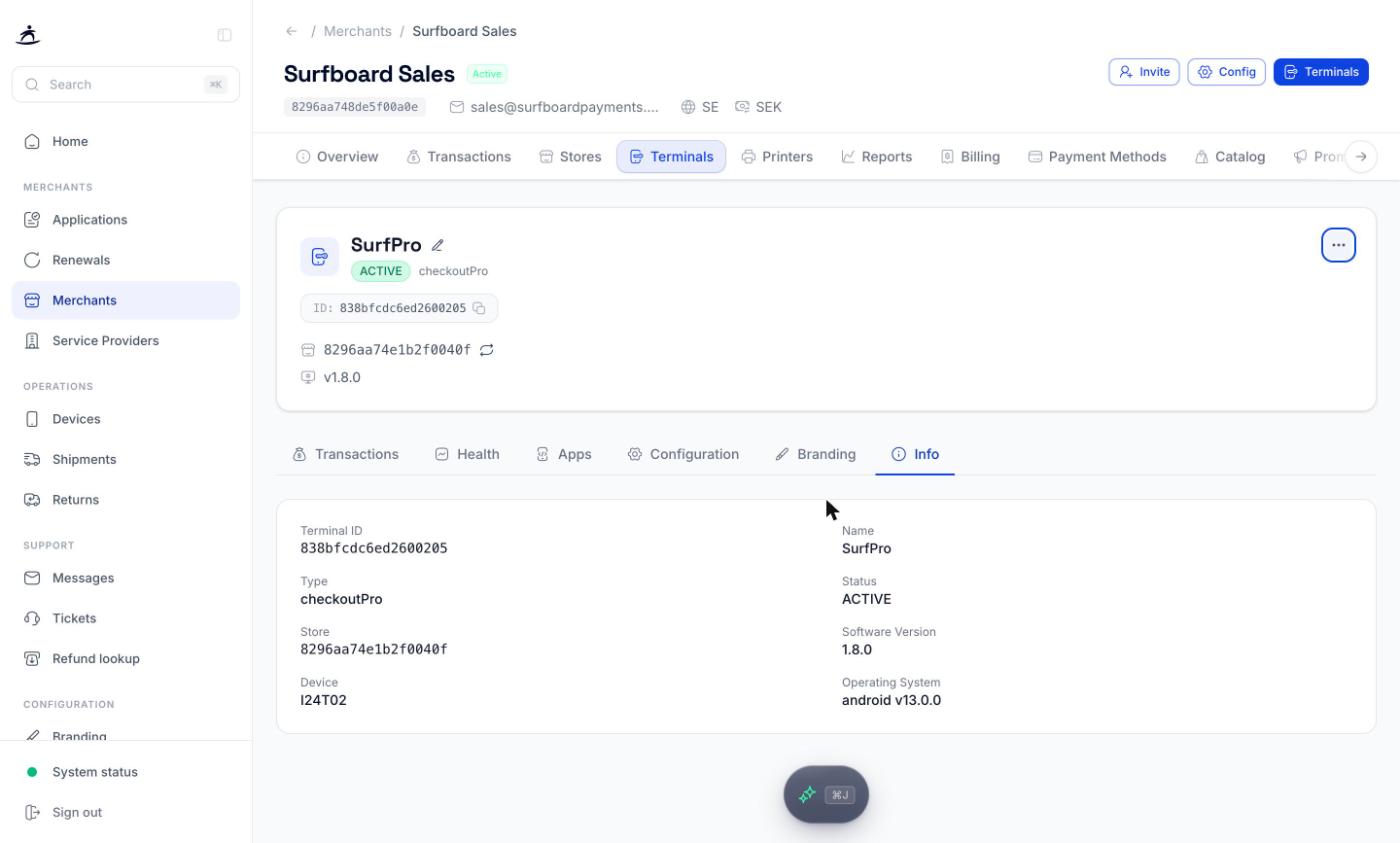 Info tab on the terminal page