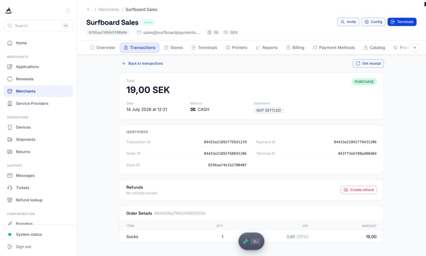 Transaction detail page with total, date, method, settlement status, identifiers, refunds and order details