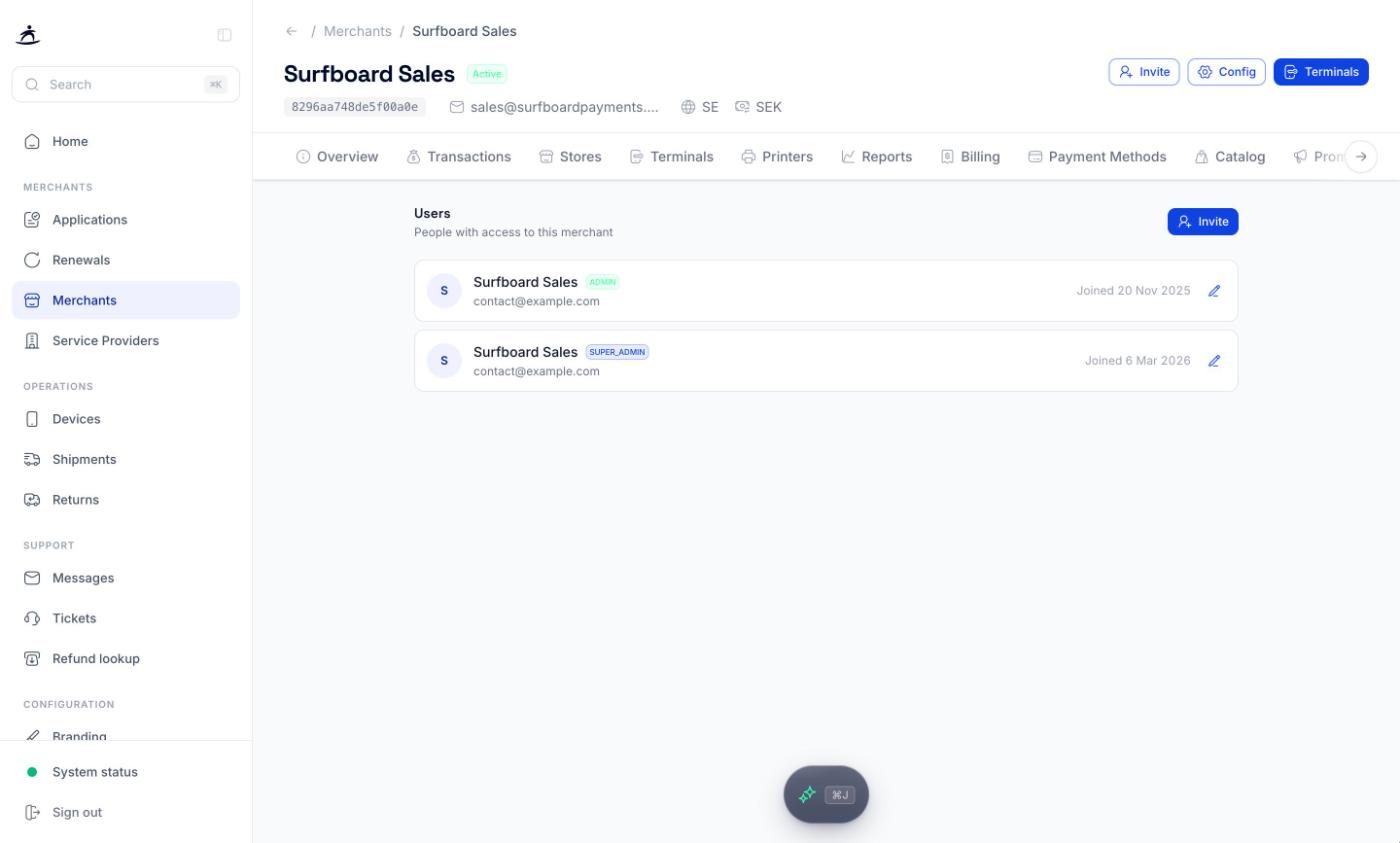 Users tab listing the people with access to the merchant