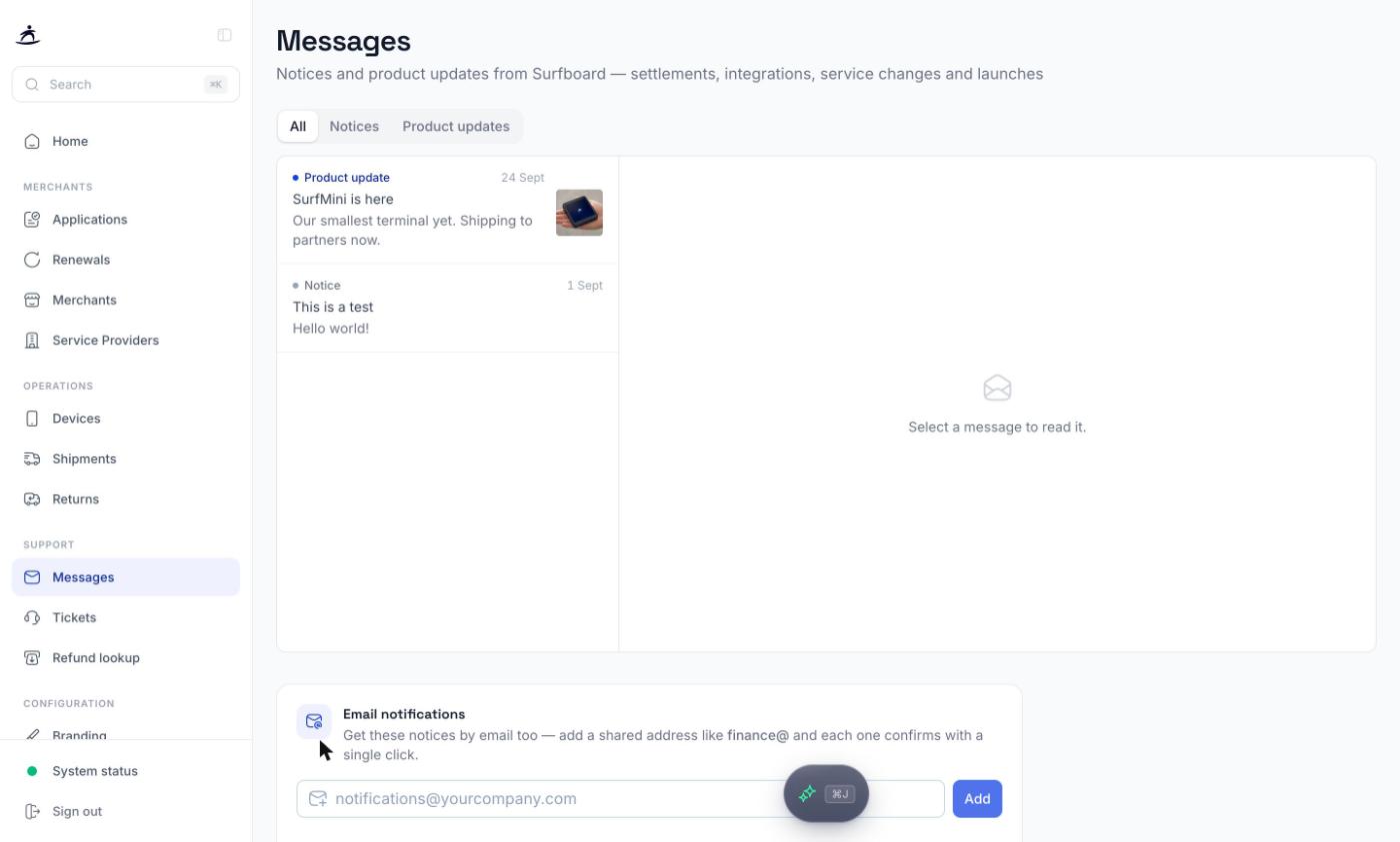 Messages inbox with product updates and notices