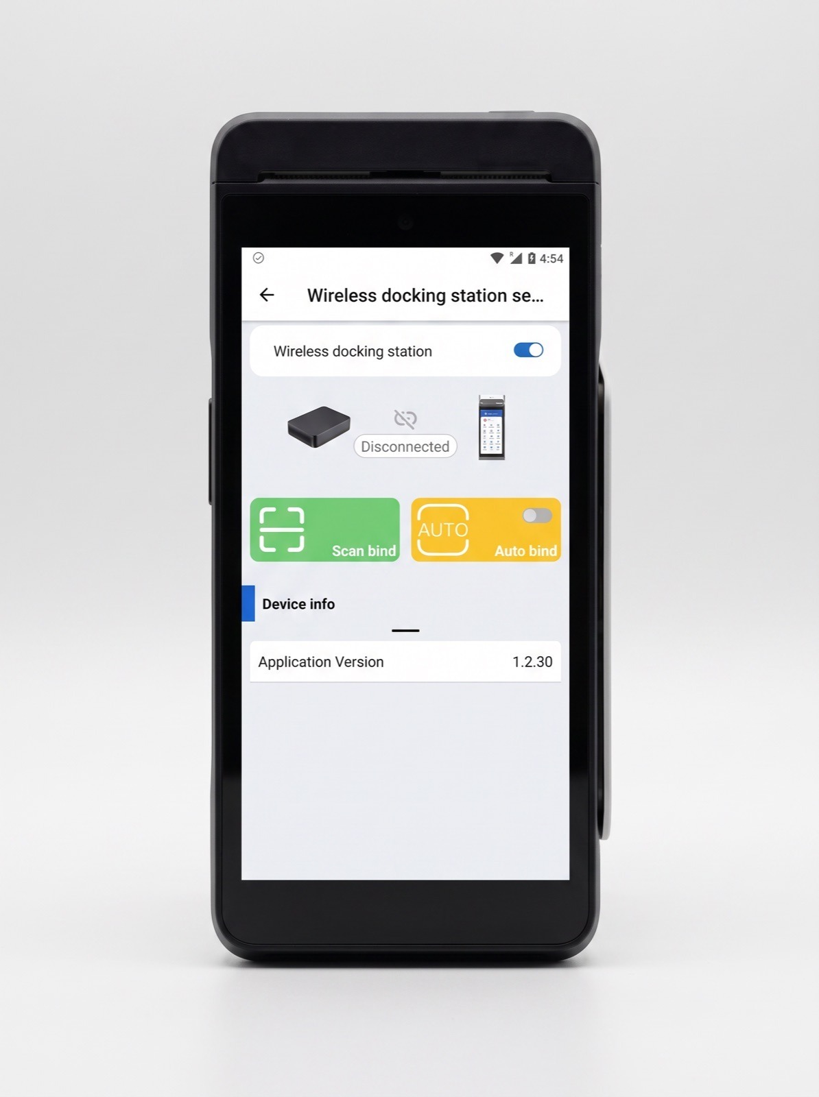 Wireless docking station enabled and showing Disconnected, with the Scan bind and Auto bind buttons