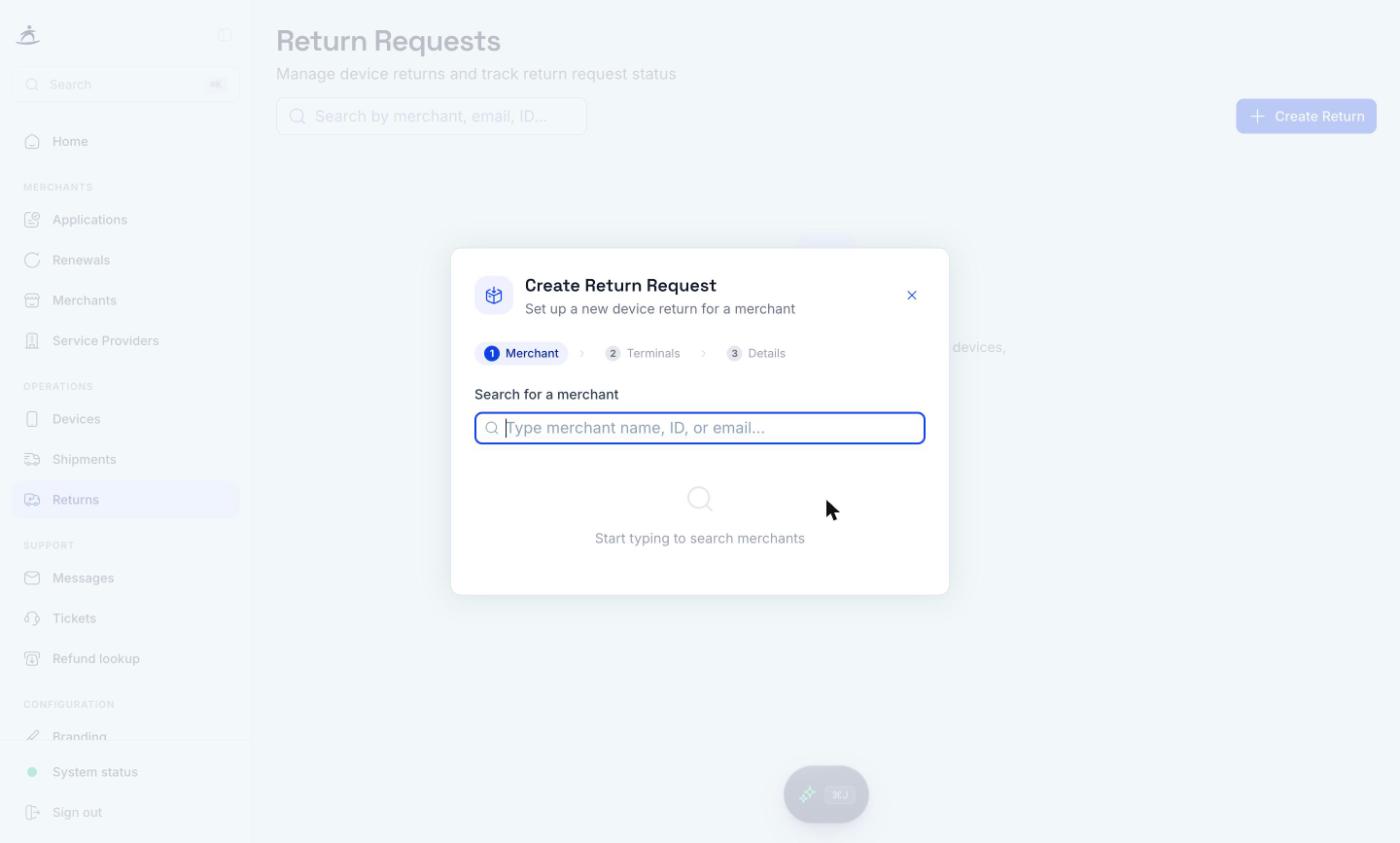 Create Return Request, step 1: choose the merchant