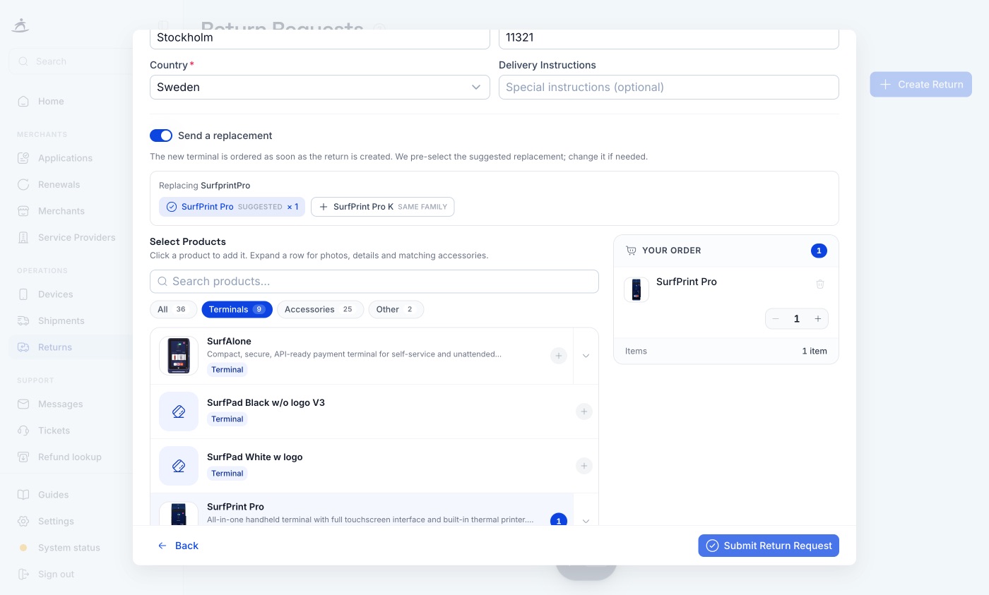 Send a replacement: suggested terminal, one-click picks and the order basket
