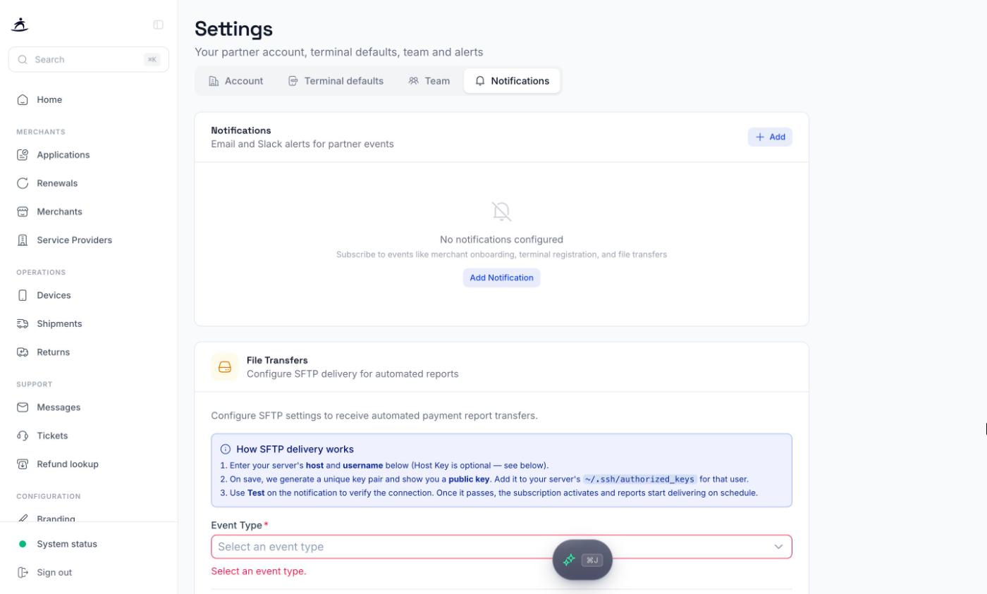 Notifications tab with the notification list and file transfer settings