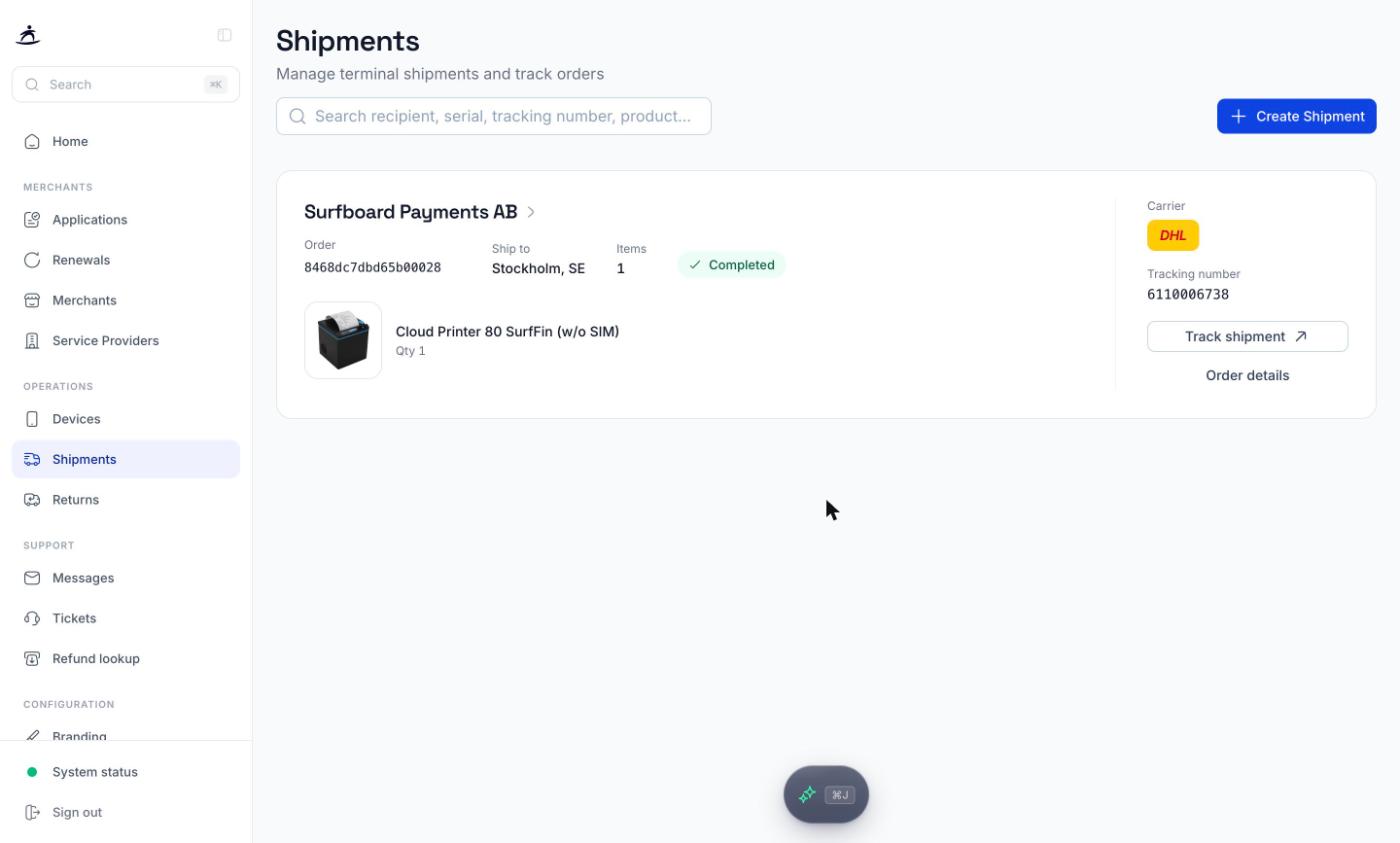 Shipments page with an order card