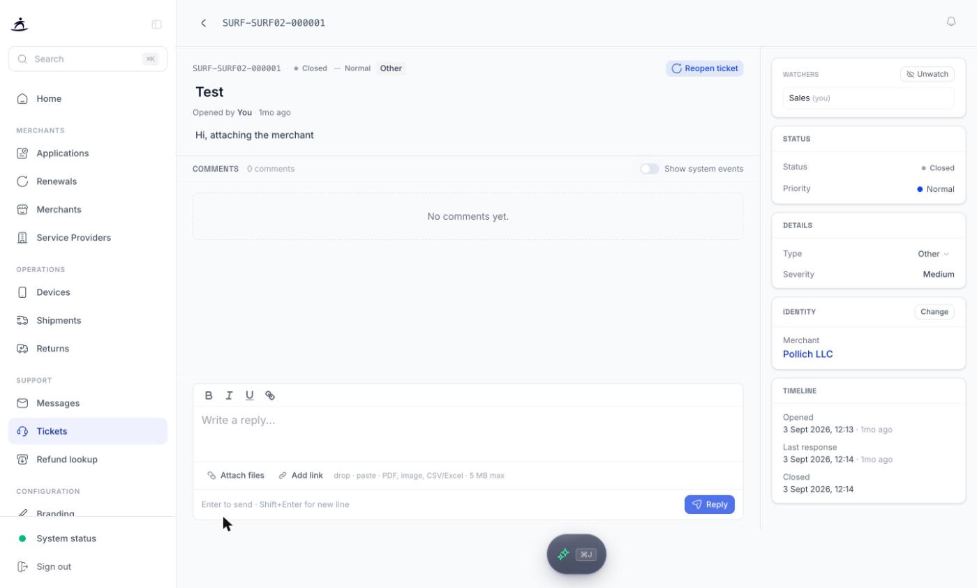 Ticket detail with the comment thread, reply box and properties sidebar