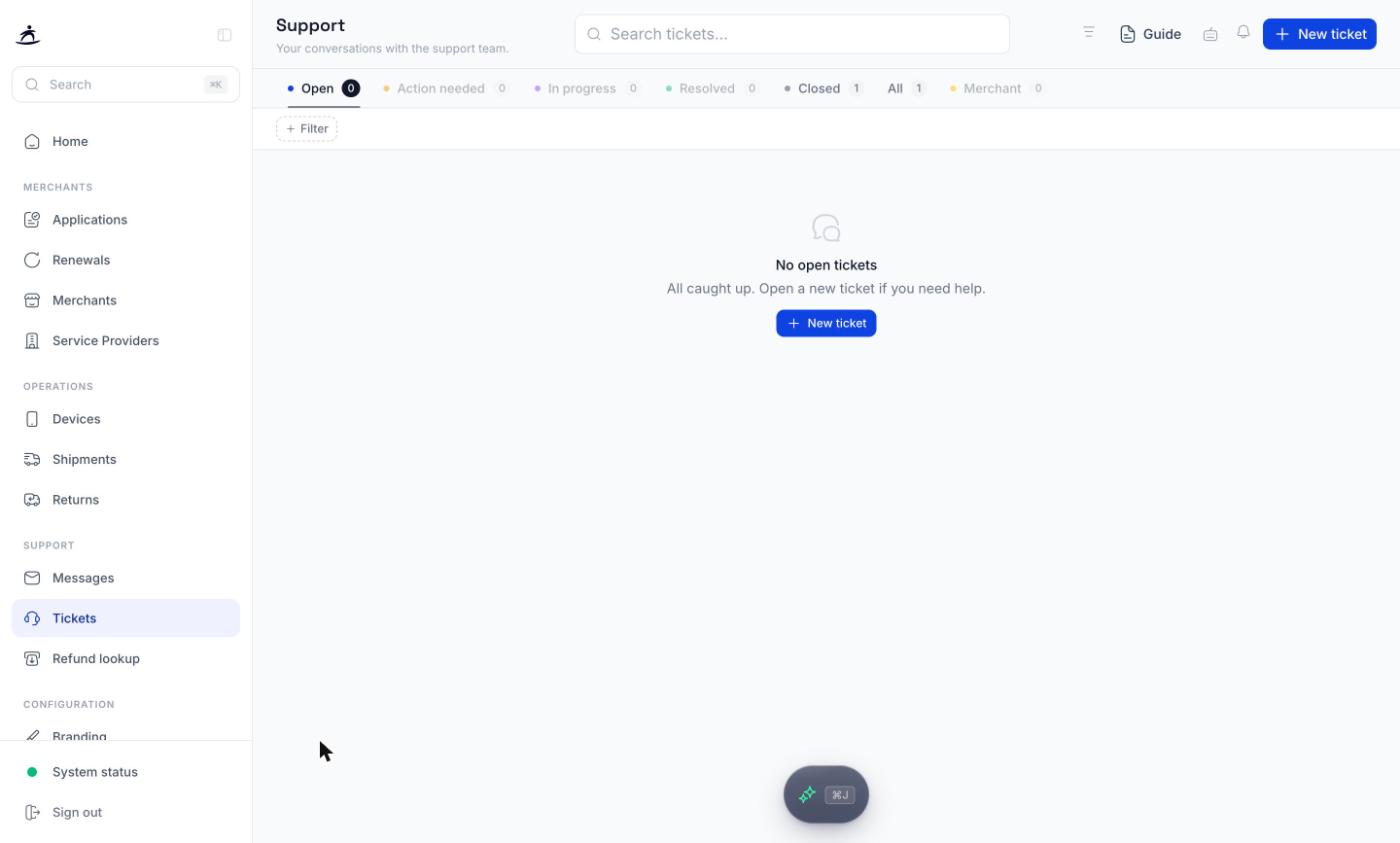 Support page with status tabs and the ticket list